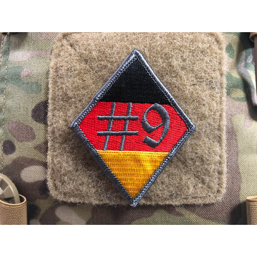 #9 Patch, embroidered patch, black-red-gold with grey embroidery thread, collectors patch
