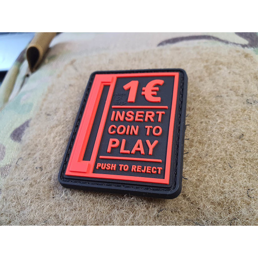 JTG Insert Coin to Play Patch, fire-red on black, JTG 3D Rubber Patch