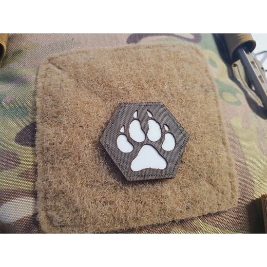JTG K9 Pfote Hexagon LaserCut Patch, steingrau oliv Cordura, gid Logo, mit Klettrückseite